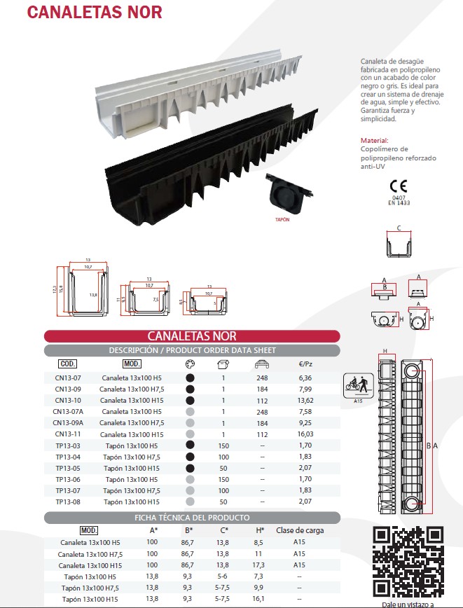 CANALETA PP “NOR” NEGRO 100X13 H.5CM