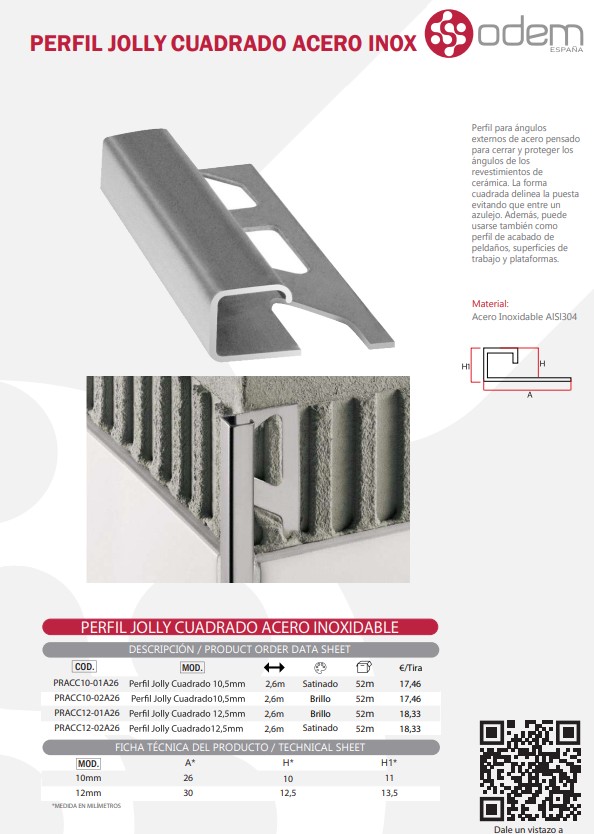 PERFIL JOLLY CUAD 10mm ACERO- BRILLANTE B 2.6m (52)